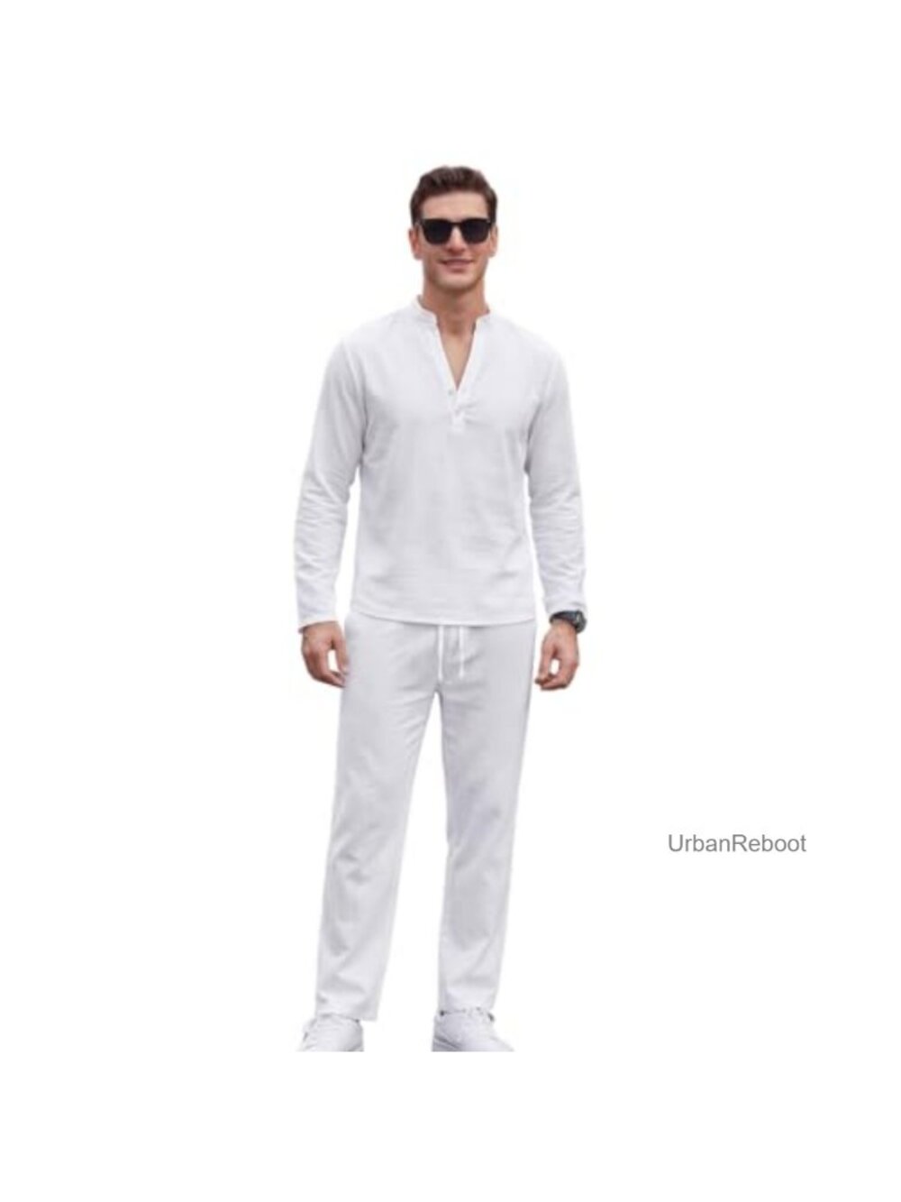 Men's 2 Piece 95% Linen Henley Shirt and Loose Pants Set Summer Beach Resort